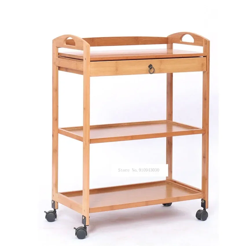Movable Bamboo Serving Cart 3/4 Tier Dining Trolley Multi-Purpose Kitchen Storage Rack Living Room Side Cabinet Beauty Salon