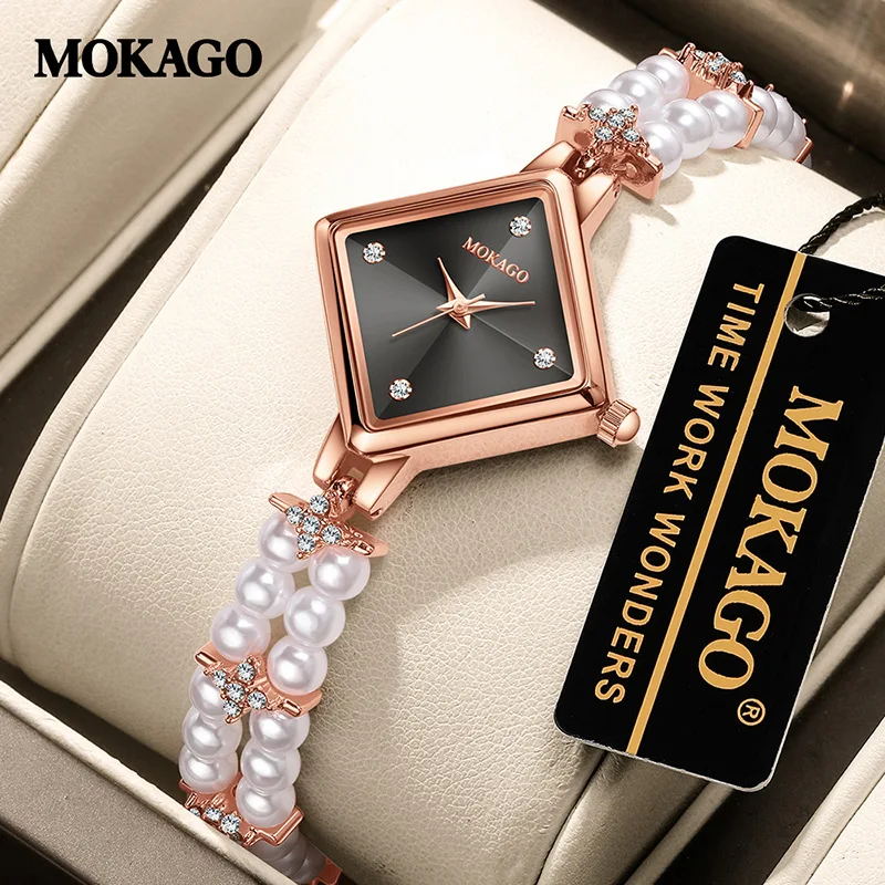 

MOKAGO M8157 Women's Light Luxury Quartz Watch Pearl Strap with Diamond Sun Pattern Dial Inlaid with Diamond 10mm Thin Body