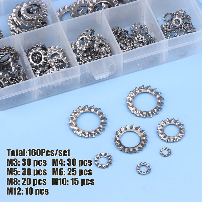 7 Dimensioni M3 M4 M5 M6 M8 M10 M12 160 Pz/scatola In Acciaio Inox Esterno Multi Dente Star Lock Rondelle Assortimento Set