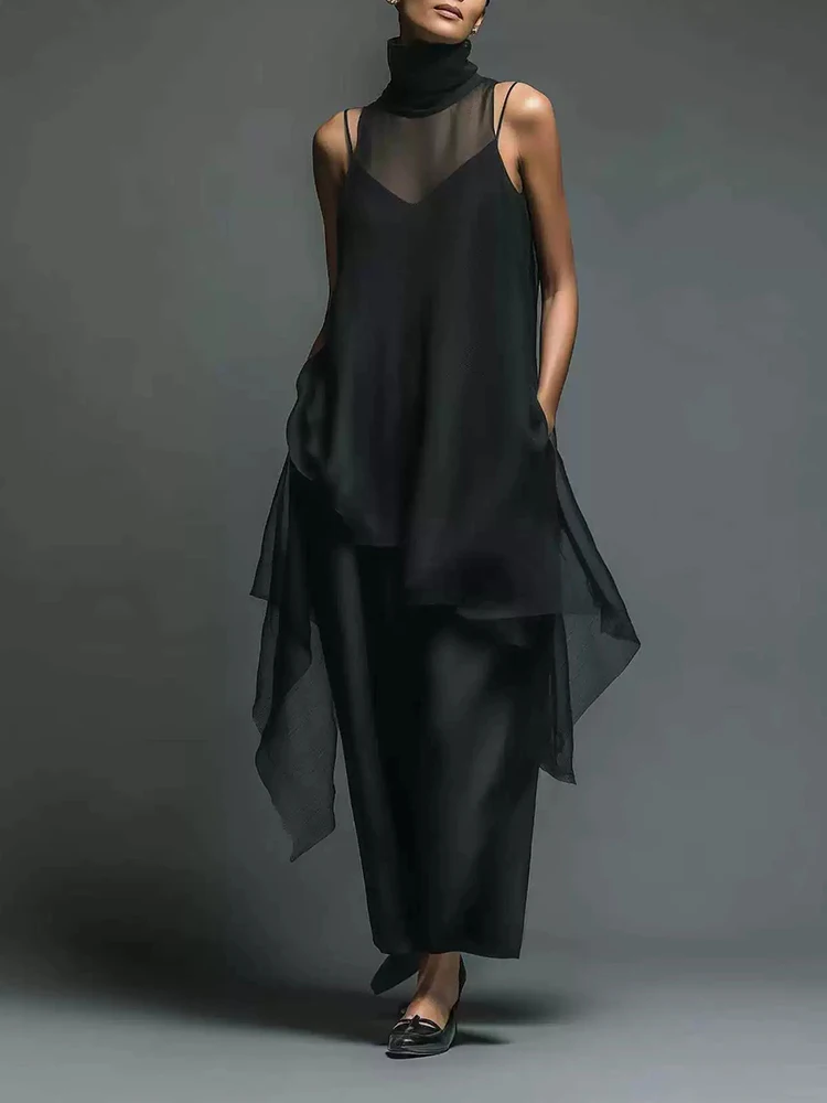 

Women Casual Pocket Solid Satin 2 Piece Suit Fashion Simple Temperament Skirt Set Elegant High Neck Sleeveless Chiffon Outfits