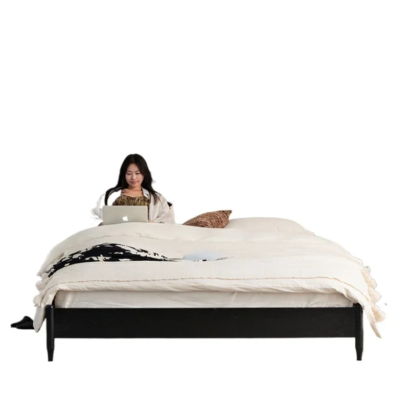 French medium and ancient bed solid wood bed leather  retro oak backrest  modern simple double bed 1.8 meters soft bag
