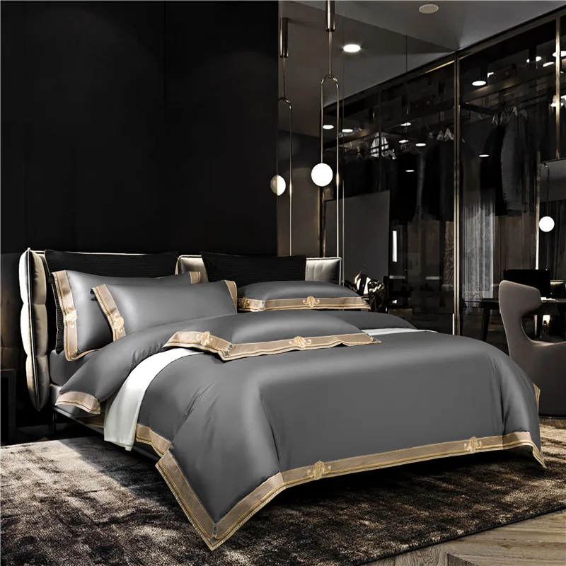 Satin 1200TC Egyptian Cotton Luxury Bedding Set, Gold Embroidery, Queen, King, Duvet Cover, Flat/Fitted Bed Sheet, Pillowcases