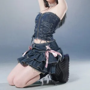 Plisada -Rock Frauenblaue Jeans, Lichtbogendesign, kurzer Rock A, eingebettete Shorts, würziges amerikanisches Mädchen, koreanische Mode, Hotsweet 10 Hauptverkäufe Kurzrockparty - №3