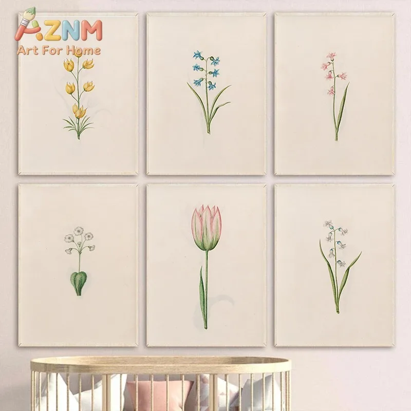 Vintage Spring Floral Plant Illustration Poster Colourful Wildflower Botanical Canvas Painting Wall Art Nursery Room Home Decor