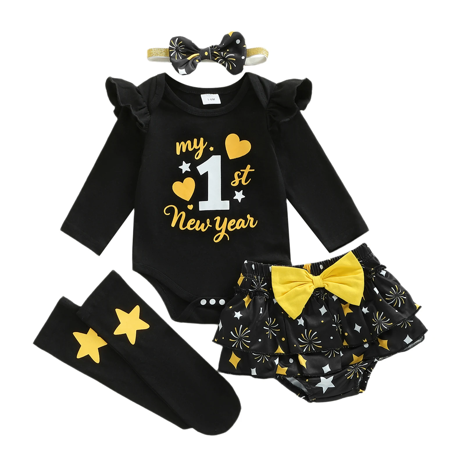 

Baby Girl New Year Outfit Cute Long Sleeve Letters Printed Romper with Ruffle Skort Headband and Stockings