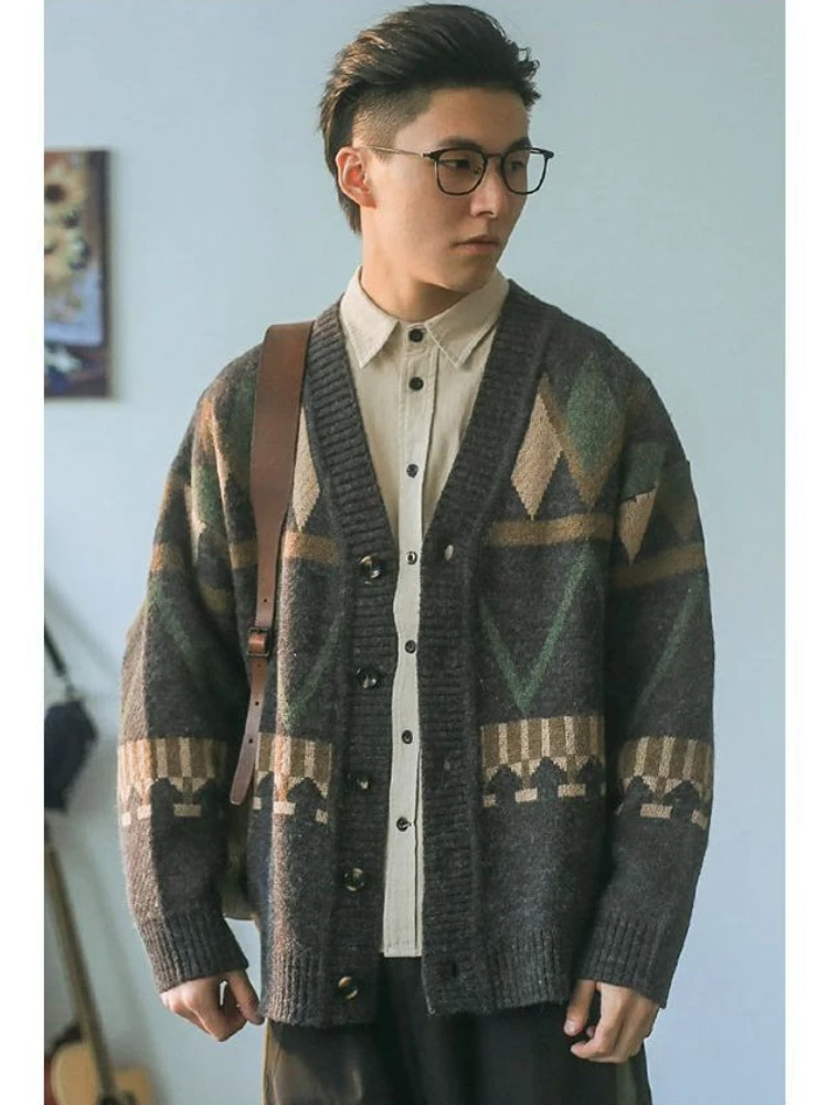 Vintage Print Autumn Winter Jacket Knitted Cardigan High-end Coats Sweater Warm Casual Loose Tops Long Sleeve Single Breasted