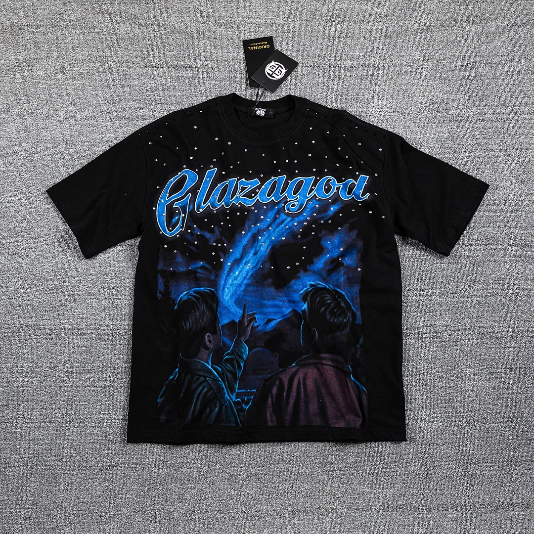 Vintage Glazagod T-shirt Men Rhinestone Starry Sky Graphic Tee Loose Oversized Streetwear Short Sleeve Cotton Hip Hop T Shirts