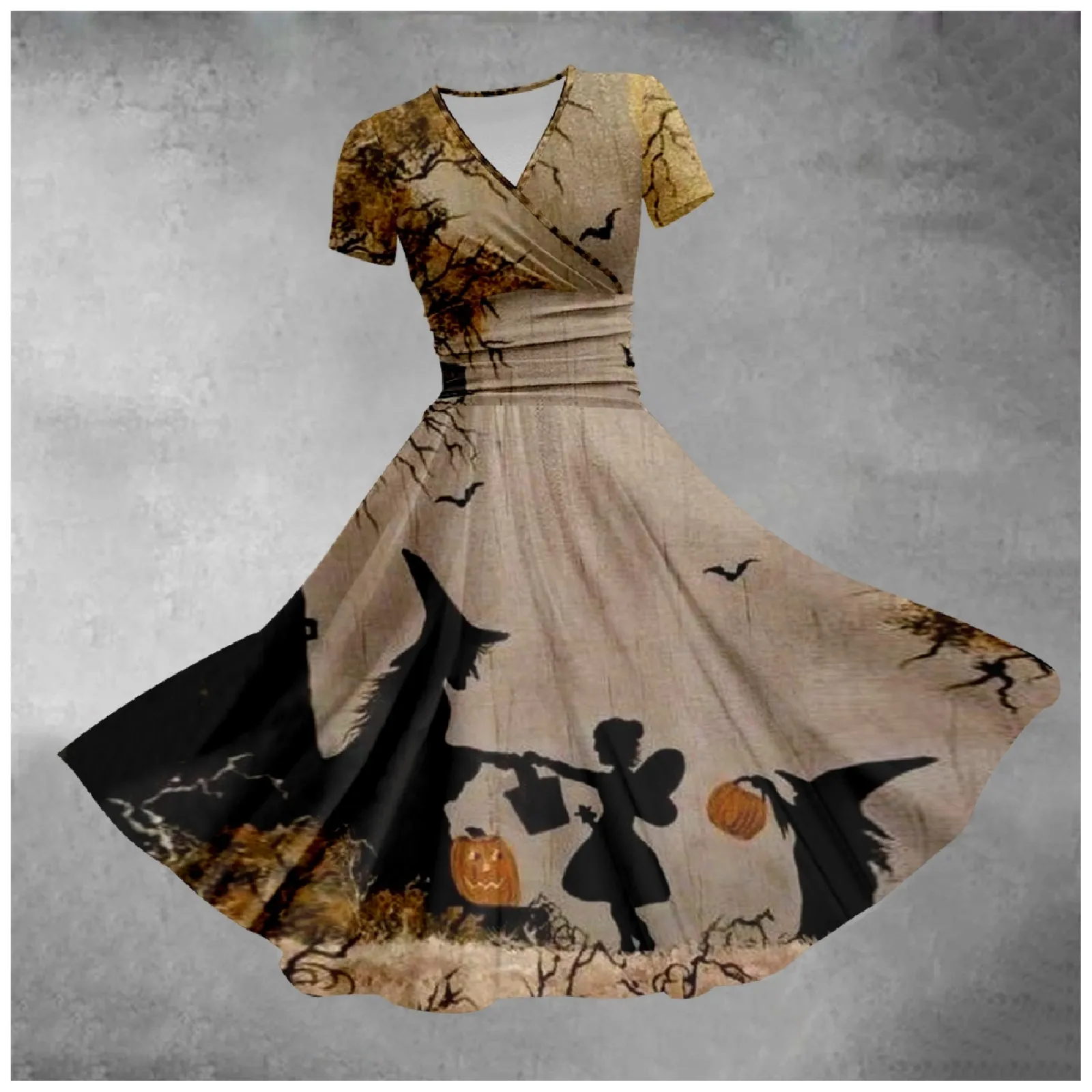 Halloween Costumes For Women Bloody Pumpkin And Witch Print Dress 2024 Fall V Neck Short Sleeve Dresses Smock Flowy Maxi Dresses