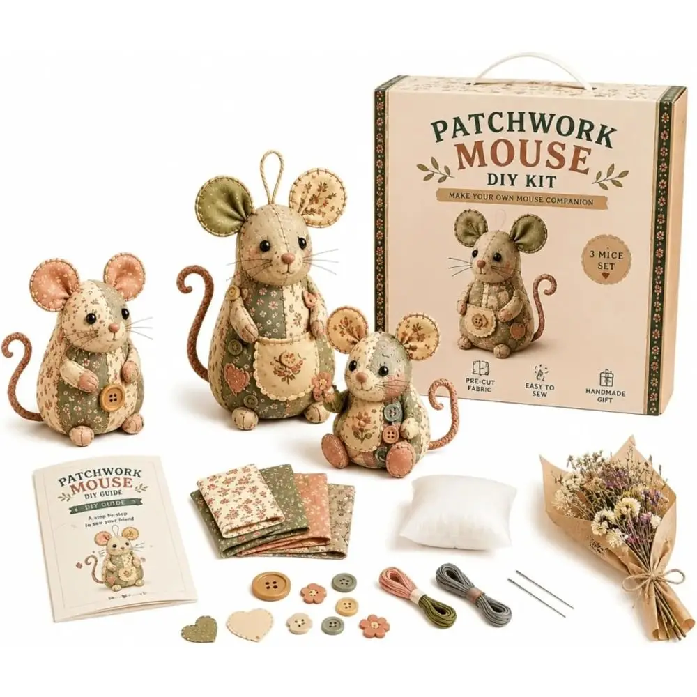 Handmade Patchwork Mouse Kit Pre Cut Fabric Step by Step Guide Patchwork Sewing Craft Set Stuffing Included Buttons Included