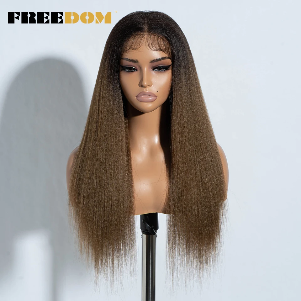 FREEDOM Synthetic Lace Front Wigs For Women Yaki Straight Ombre Brown 613 Blonde Lace Wig Heat Resistant Clearance Cosplay Wig