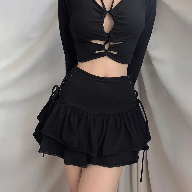 Streetwear Mall Goth Skirt Women Harajuku Y2k E-gir High Waist Bandage Mini Skirt Dark Gothic Punk Emo Alt Club Wear QY21034AH