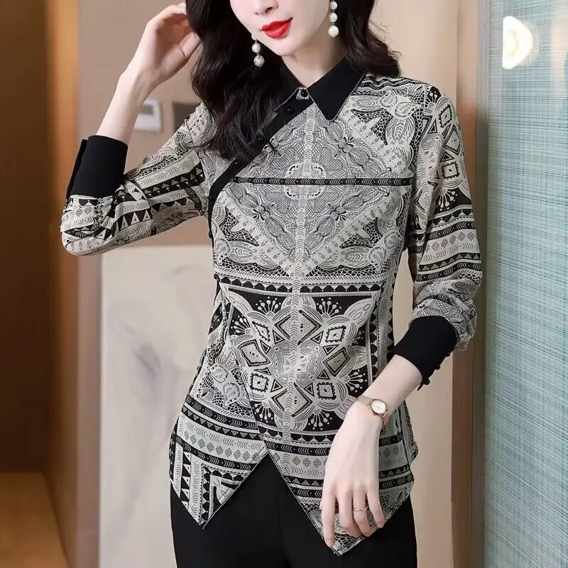 Vintage Printed Lapel Button Asymmetrical Blouses Women's Clothing 2023 Autumn Winter Loose Korean Pullovers Irregular Shirts
