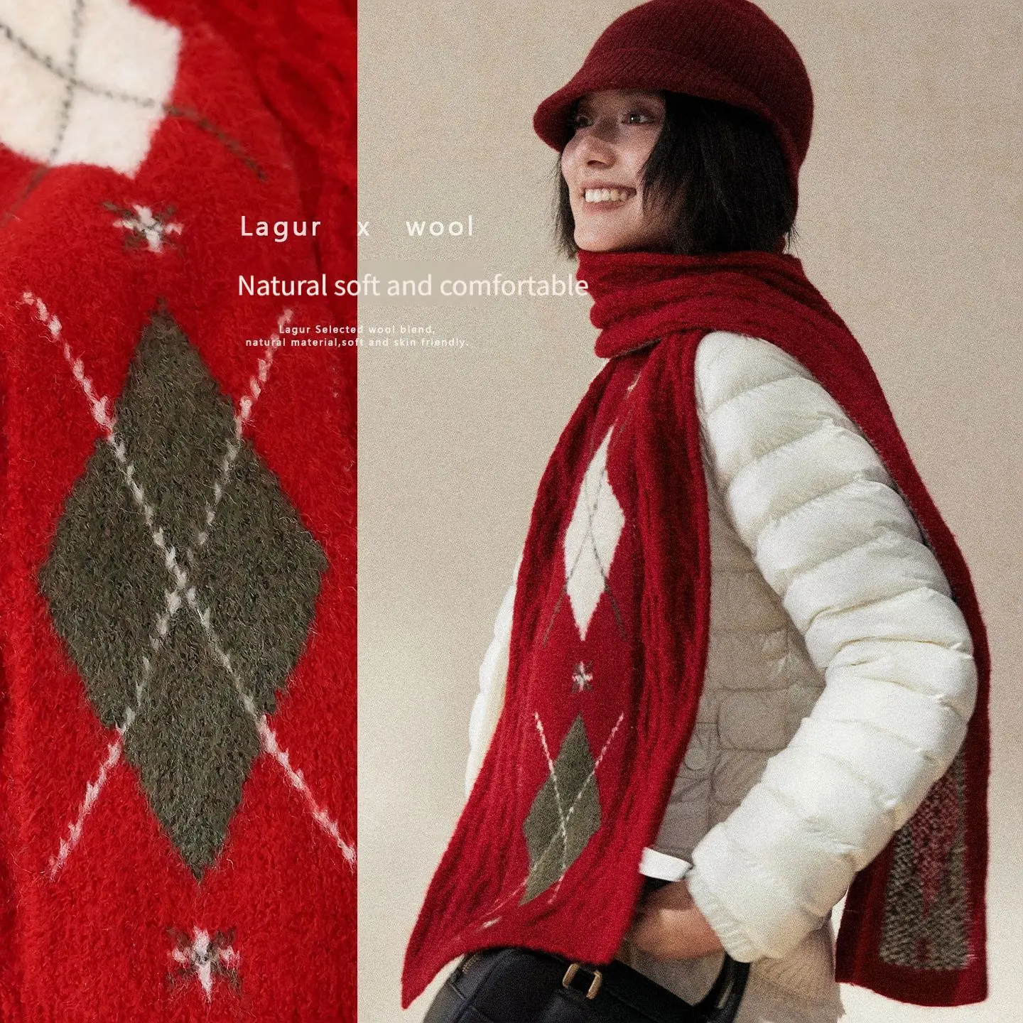 Vintage Diamond Plaid Wool Scarf for Women – Preppy Retro, Warm Thick Knit, Red/Green, 60% Acrylic+7% Wool, Winter Essential