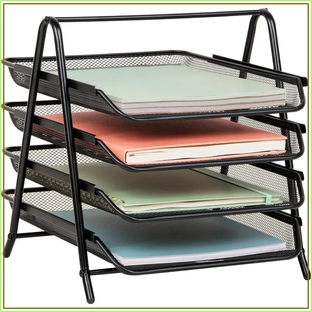 4-Tier Mesh Desktop Organizer, Slide-Out Trays for Files & Documents, Non-Slip Base, Black