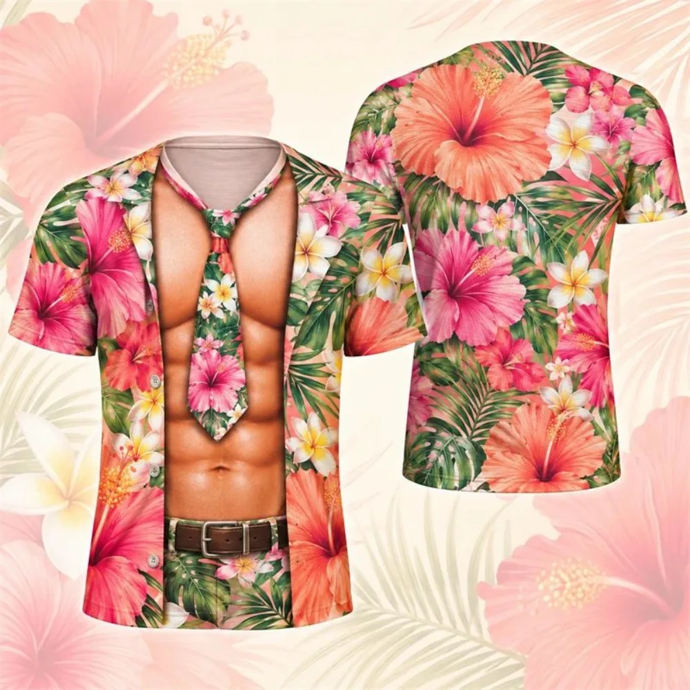Men Funny 3D Fake Suit Muscle Abs Printed Visual Illusion T‑shirt Hawaii Halloween Short Sleeve Tees Party Carnival Cosplay Tops