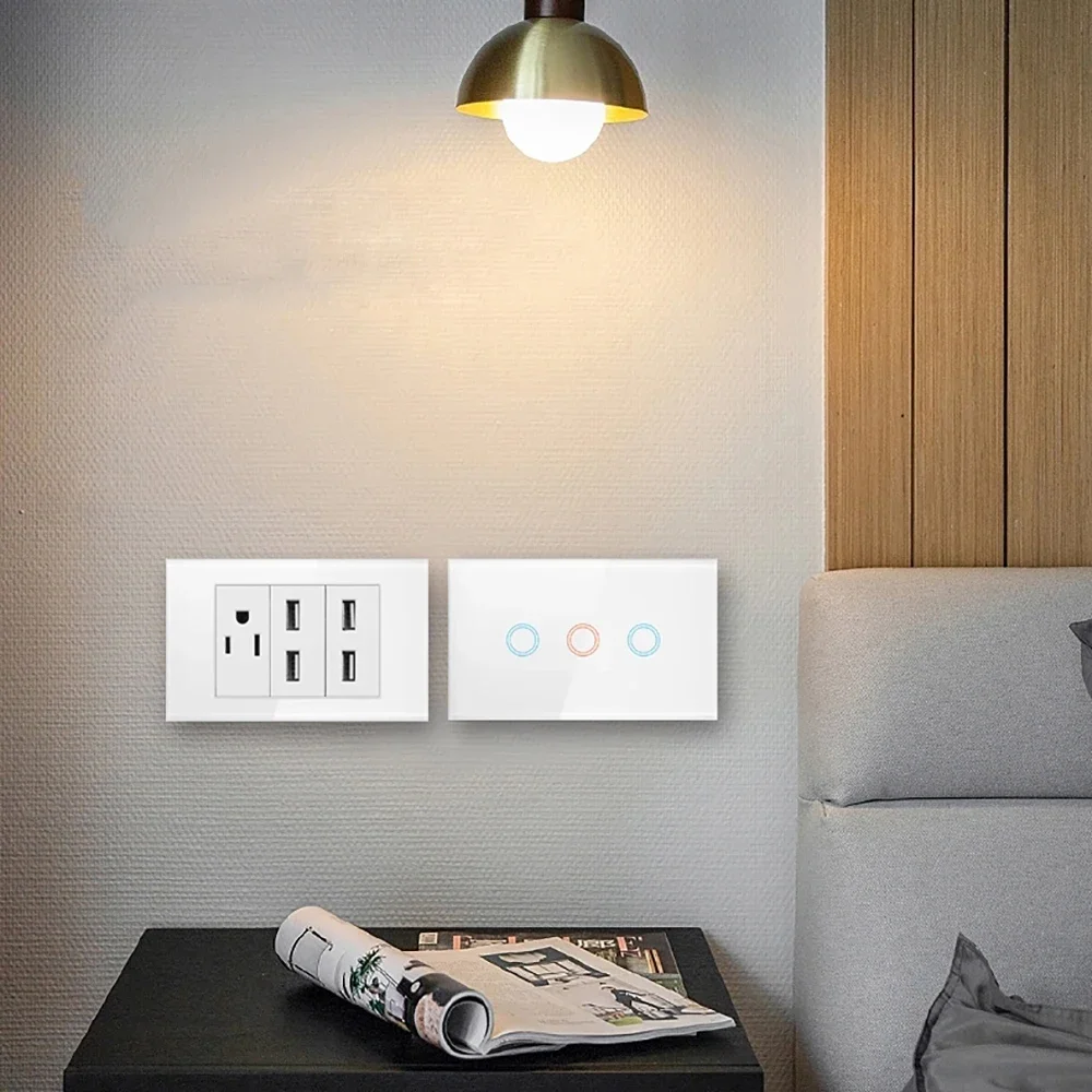 Power Wall USB Socket Light Switch Double 1/2 Pole Glass Panel Outlet Plate US Modular Mounted Home Office Electrical Appliances