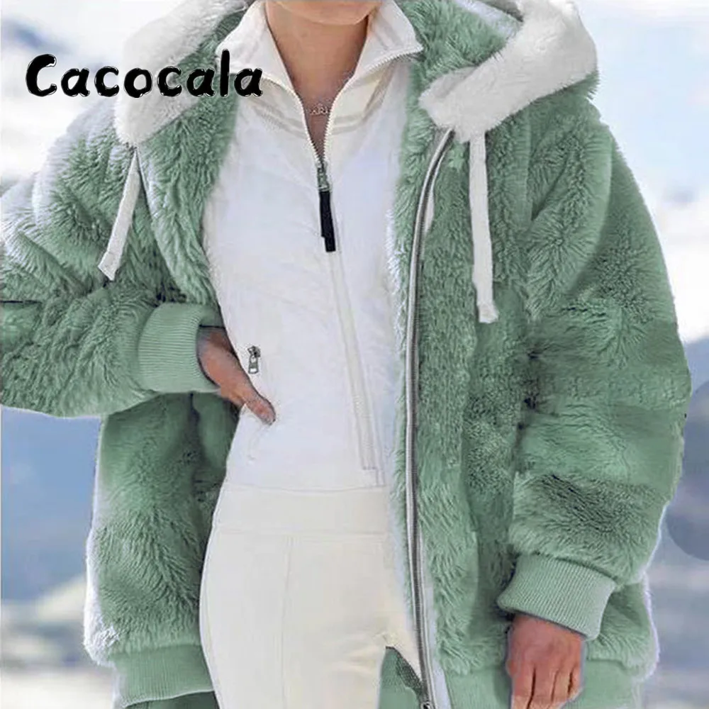 

Winter 2022 Female Plush Jackets Fashion Hooded Zip Jacket Casual Oversized Patchwork Plaid Faux Fur Warm Women Parka