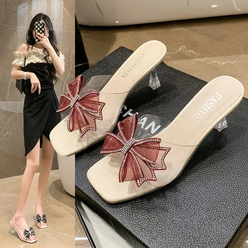 Butterfly Sandals for Women 2024 New Style Baotou French Medium Thick Heel Summer Women's Shoes with Skirts Women's High Heels