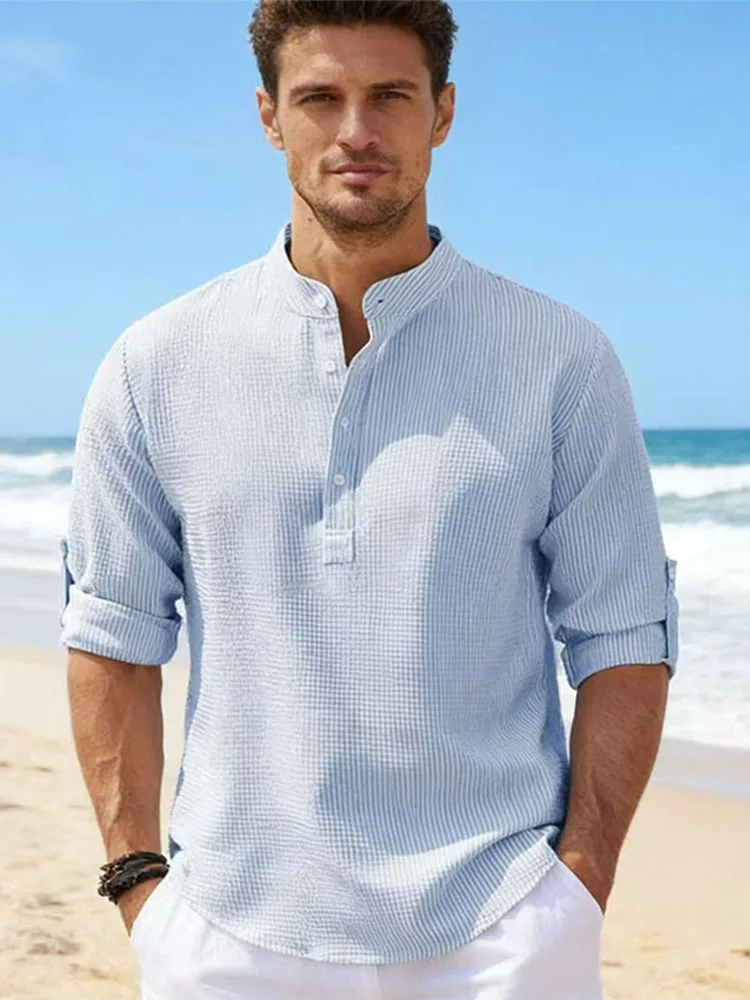

Spring Summer Men's Cotton Linen Polo Shirts Casual Long Sleeve Lightweight Henley Neck Solid Color Tops Beach Shirts Fashion
