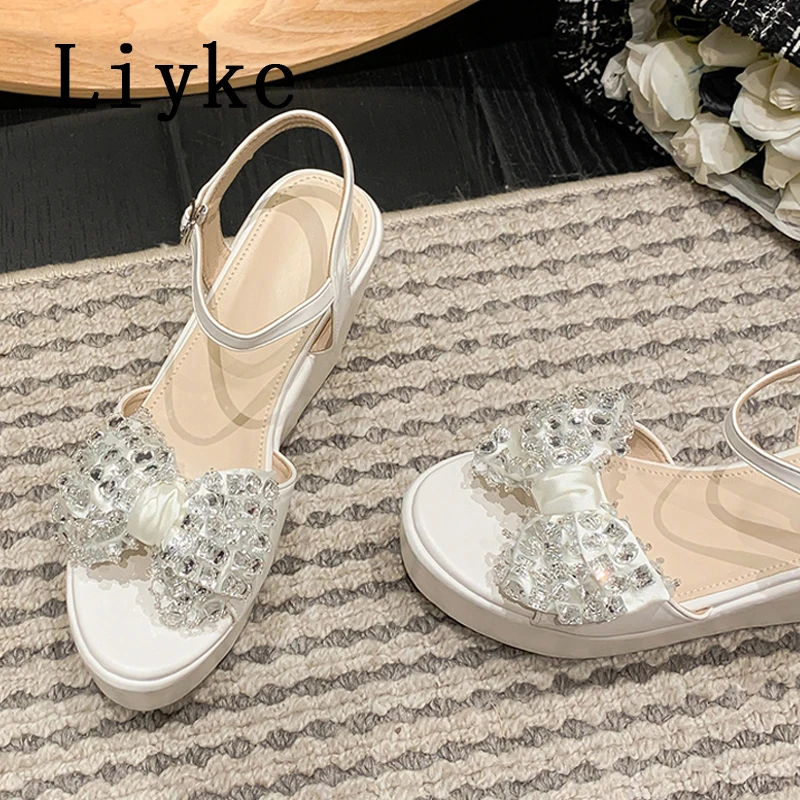 Liyke 2024 nuovi arrivi Crystal Bowknot Open Toe Platform sandali donna cinturino alla caviglia bianco zeppa tacchi alti scarpe estive femminili