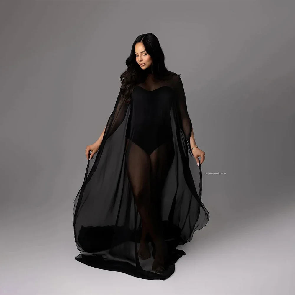 Black Chiffon Cape Maternity Dresses Photoshoot For Elegant Pregnancy Photo Shooting Dress Baby Shower Photography Stylish Maxi