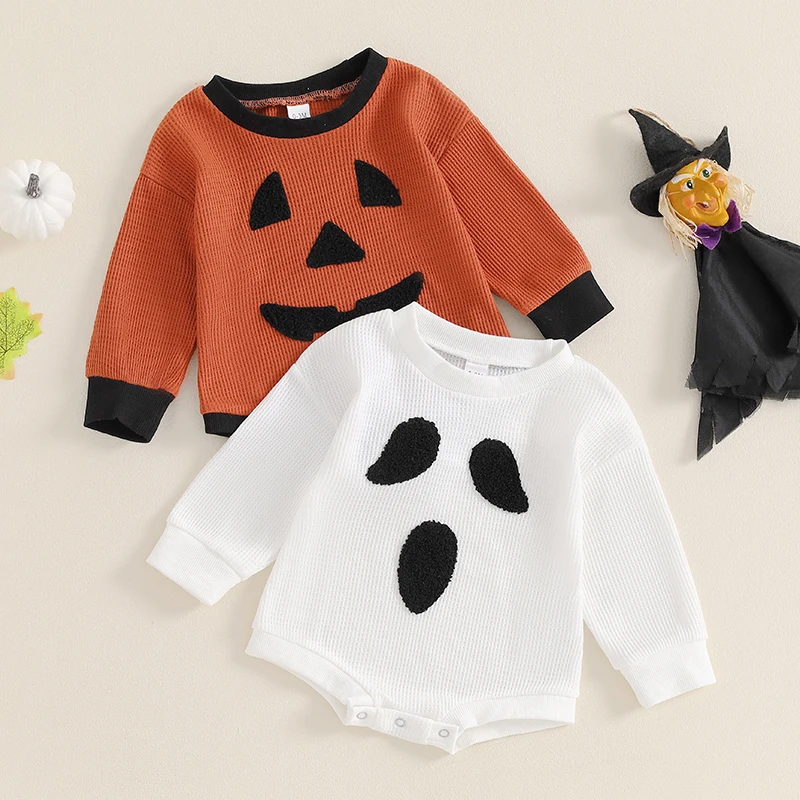 2024-05-17 Lioraitiin Toddler Sweatshirt Romper Casual Halloween Pumpkin/Ghost Long Sleeve Jumpsuit for Newborn Cute Clothes