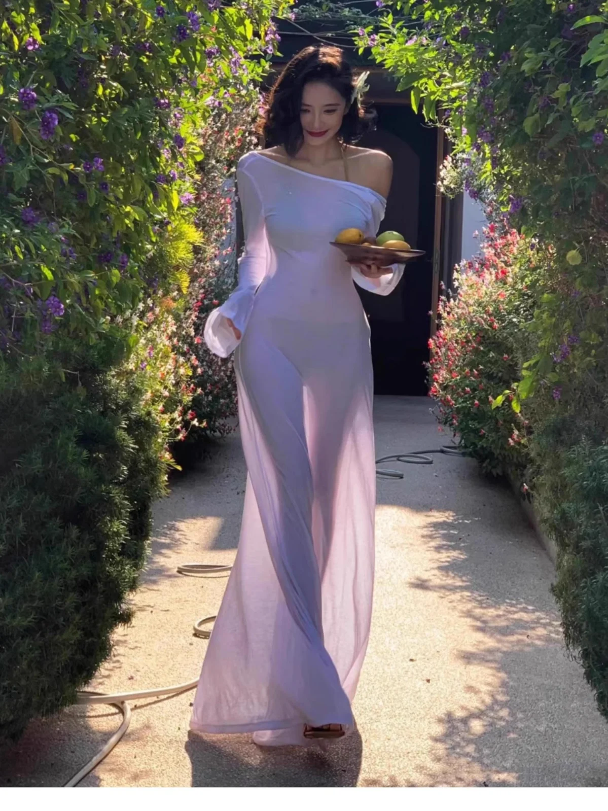 ビーチバケーション ホワイトムーンライト アシンメトリー ミディドレス トラベル ショルダーレス セクシー シースルー 長袖 コットンブレンドドレス