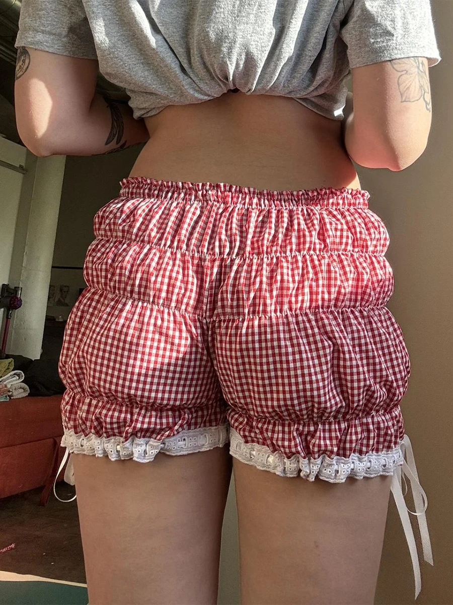 Calções boxer femininos de renda y2k gingham guarnição xadrez cintura elástica confortável shorts de dormir verão casual pijama bottoms shorts de pijama