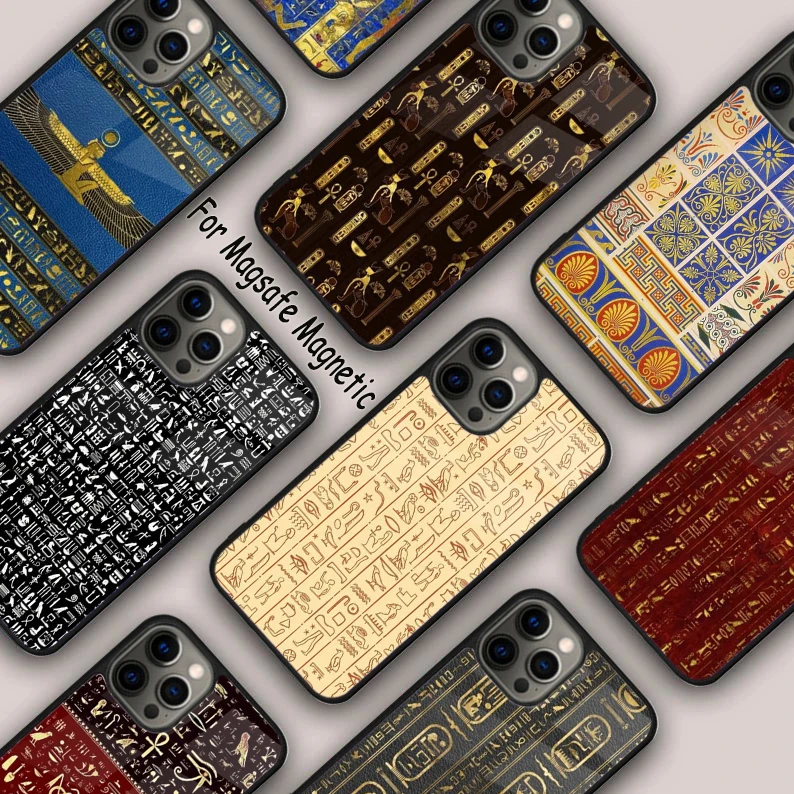 Colorful Ancient Egyptian hieroglyphic Magnetic Phone Case For iPhone 16 14 13 12 11 Pro Max 15 Plus Wireless MagSafe Cover