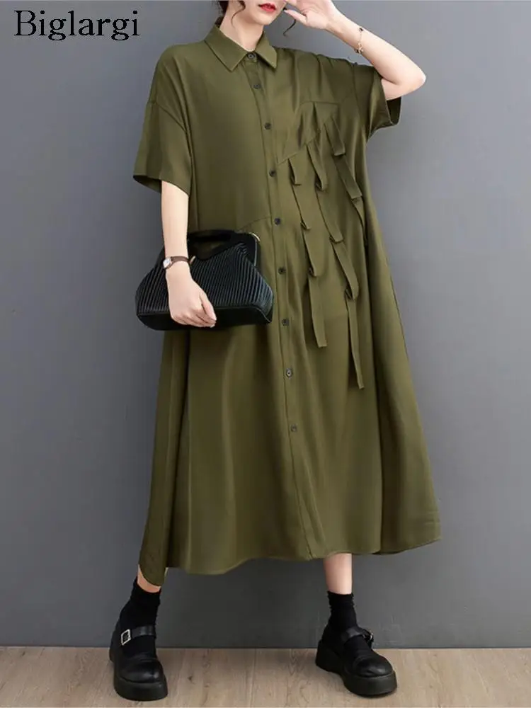 

Oversized Summer Long Shirt Dress Women Ribbons Loose Midi Ladies Dresses Short Sleeve Irregular Shirt Woman Dress Vestido Mujer