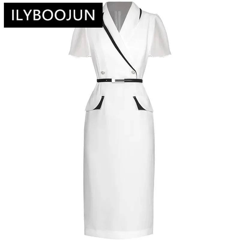 

ILYBOOJUN Black/White Fashion Summer Woman's dress Short sleeved Lace up Commuting Elegant Package hip Dresses