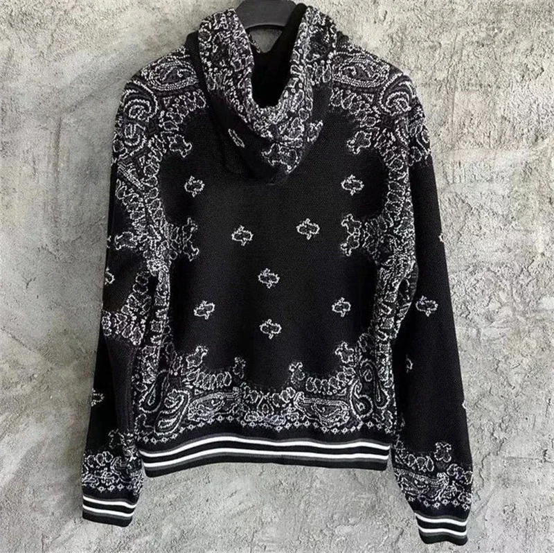 Black Knitted Vintage Paisley Print Hoodies Big A Men Pullover 2024 High Quality Embroidered Men Long-sleeved Letter Sweatshirt