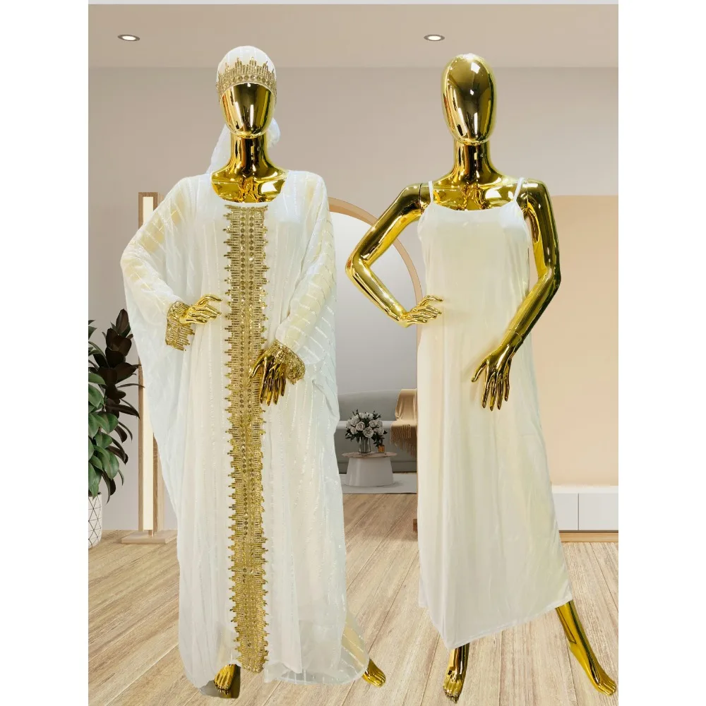 Abito da donna tradizionale africano retrò con nastro intrecciato Moda maniche svasate Abaya allentato Abito da cerimonia nuziale di lusso leggero musulmano