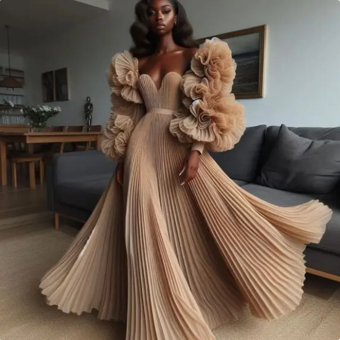 Customized Champagne pleated A-line long dress with ruffled flower fluffy sleeves, modern formal party dress, African long dress