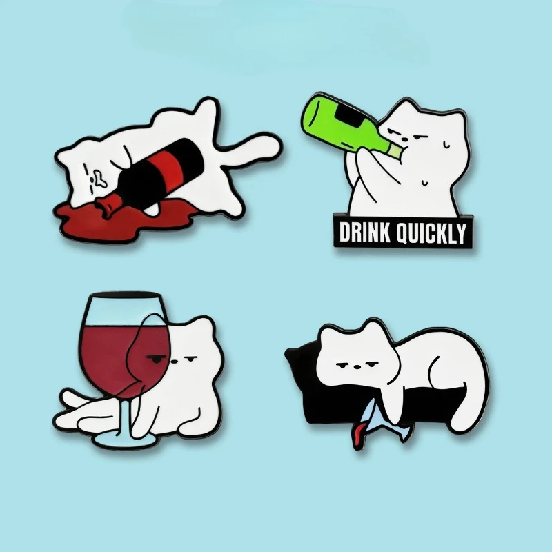 Unisex Cartoon Drunk Cat Metal Pin Cute Drinking White Cat Brooch DIY for Clothes Bags Shoes Hat Scarf T-shirt Jeans Decor