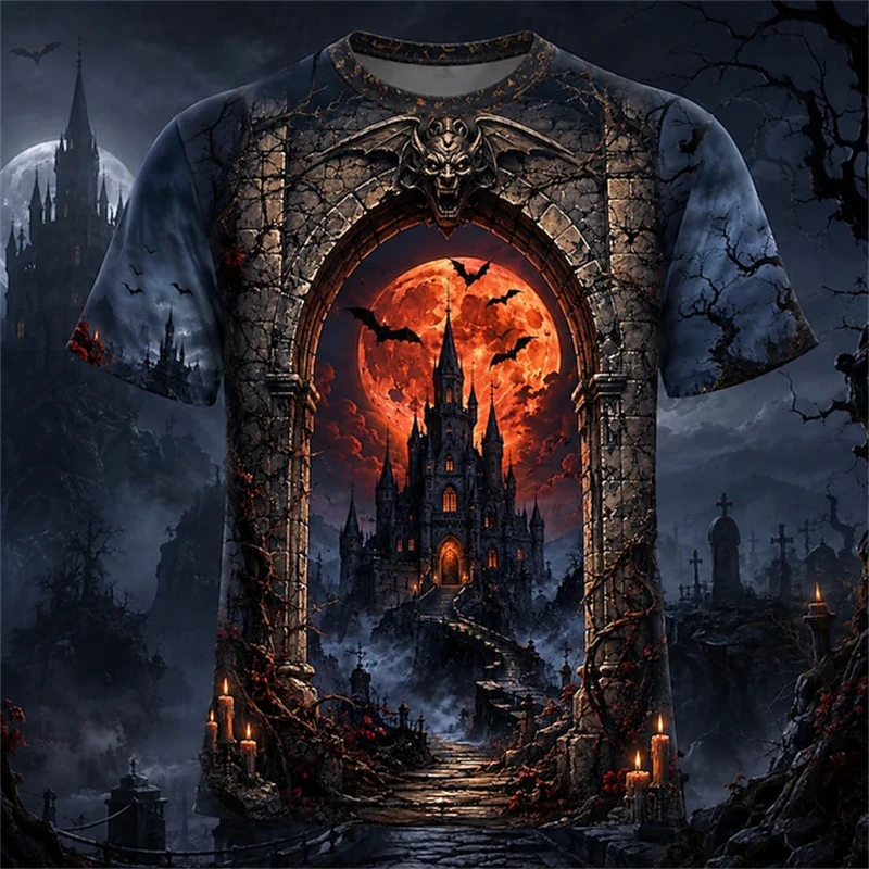 Halloween Men's Short-Sleeve T-Shirt with Spooky Red Moon and Castle Print - Loose Fit Fashionable and Trendy Men's Casual Top