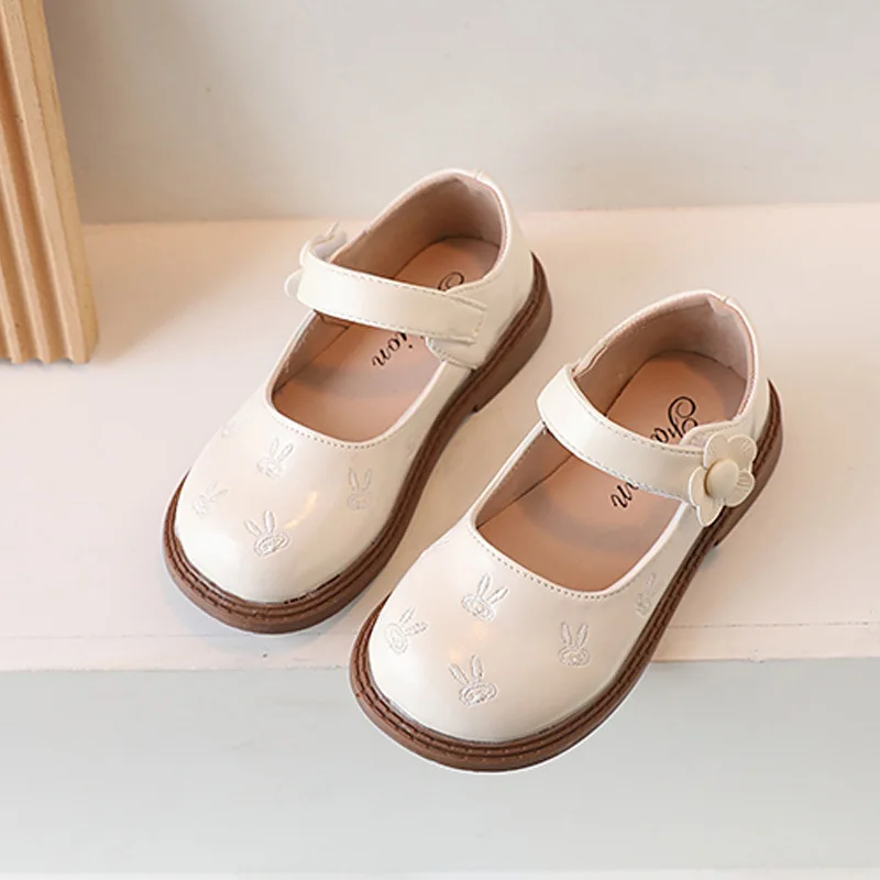 2023 New Bunny Embroidery Girls Leather Shoes Brown Beige Black Japanese Style Children Moccasin Shoes Soft Princess Kids Shoes