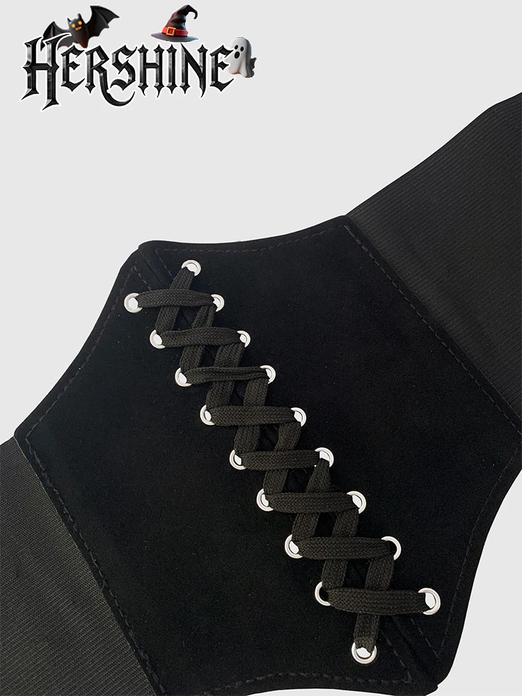 فستان نسائي من قطعة واحدة من جلد الغزال الأسود برباط Y2K على طراز القصر الداكن بحزام خصر سداسي مع إكسسوارات لتنوع اليومي