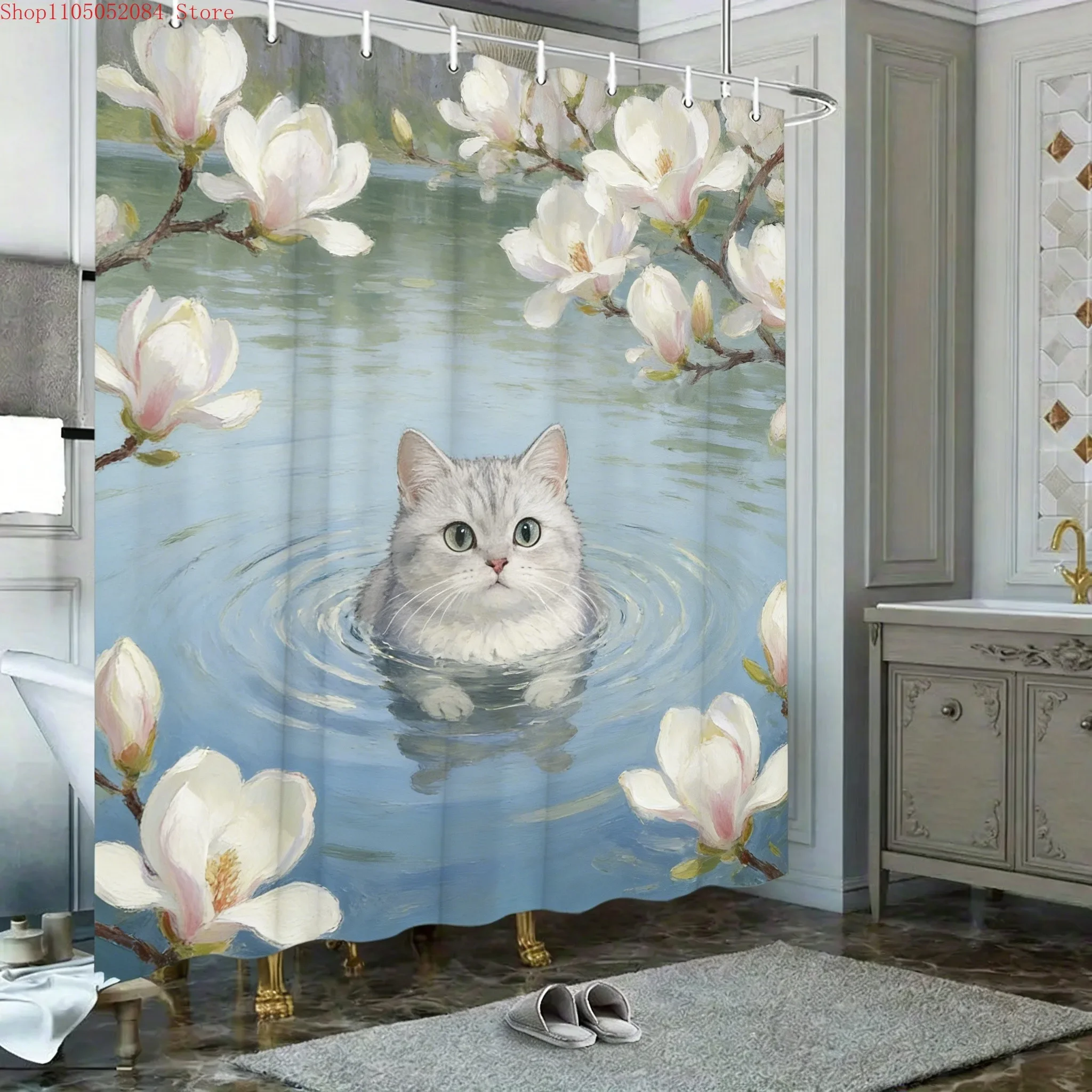 Oil Painting Black and White Cat in Pond with Water Lilies & Fireflies Waterproof Shower Curtain for Bathroom Decor