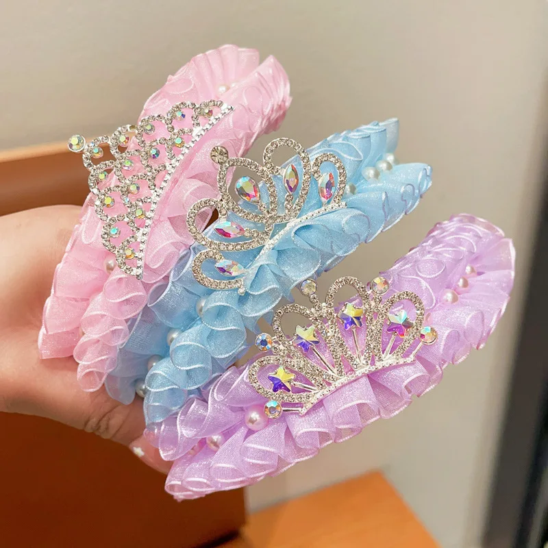 

Princess Baby Mesh Gauze Crown Hair Hoops Shiny Rhinestone Bow Girl Headdress Fairy Anti-Slip Hairbands Kids Hair Accessories