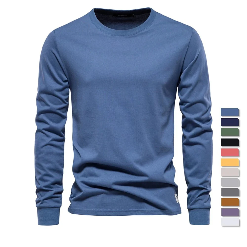 AIOPESON Solid Color Cotton T Shirt Men Casual O-neck Long Sleeved Mens Tshirts Spring Autumn High Quality Basic T-shirt Male