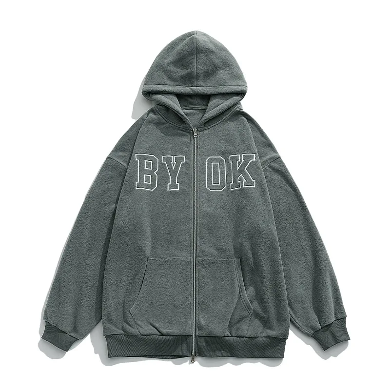 Men's Zipper Hoodies, Letter Embroidery Sweatshirts, Hip Hop Streetwear, Fleece Jackets, Male Casual Loose Coats, Autumn, Winter