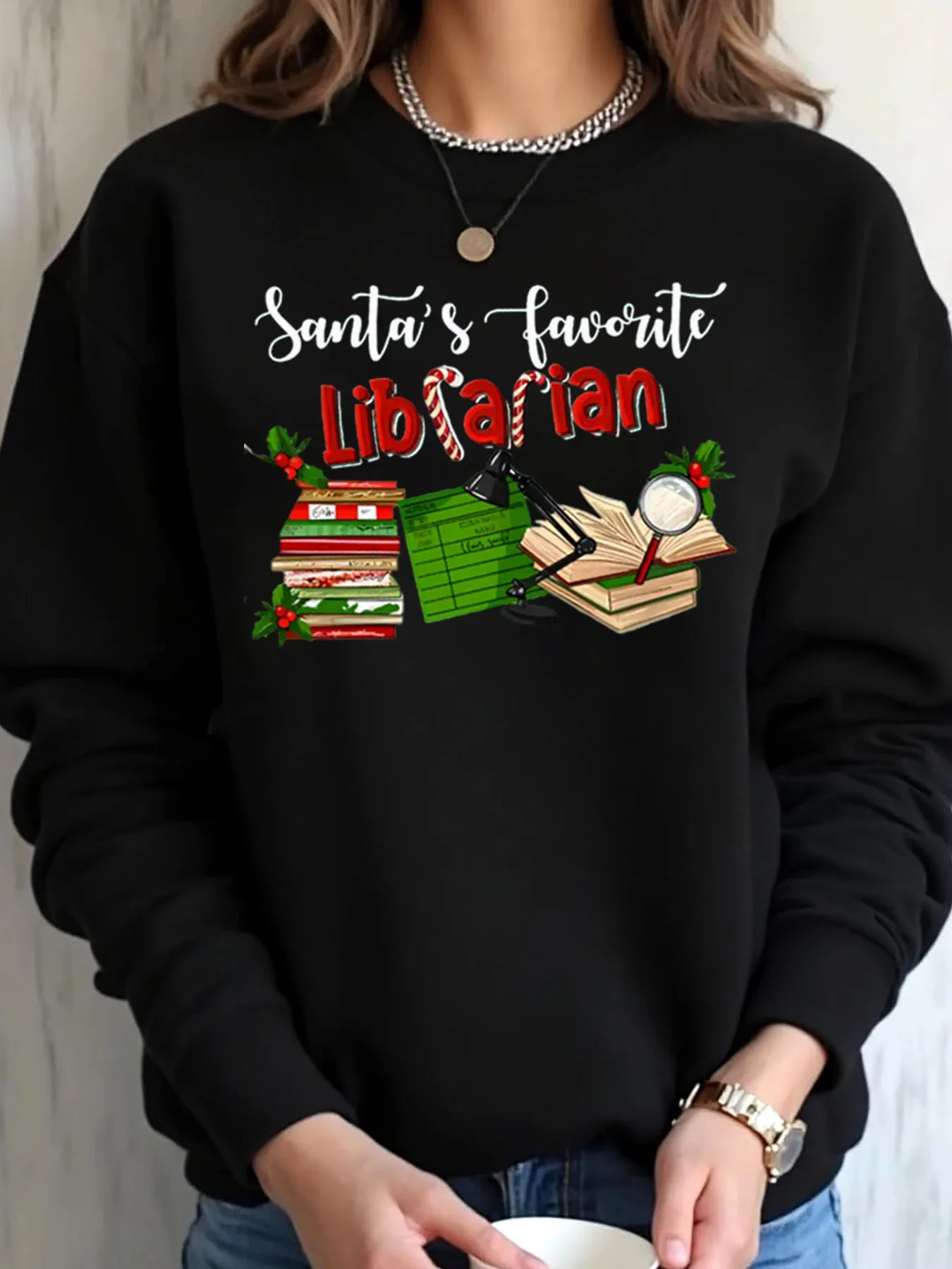 

Женская толстовка большого размера, Рождественский Санта, любимые библиотекарские книги и увеличительное стекло с принтом, уличная одежда