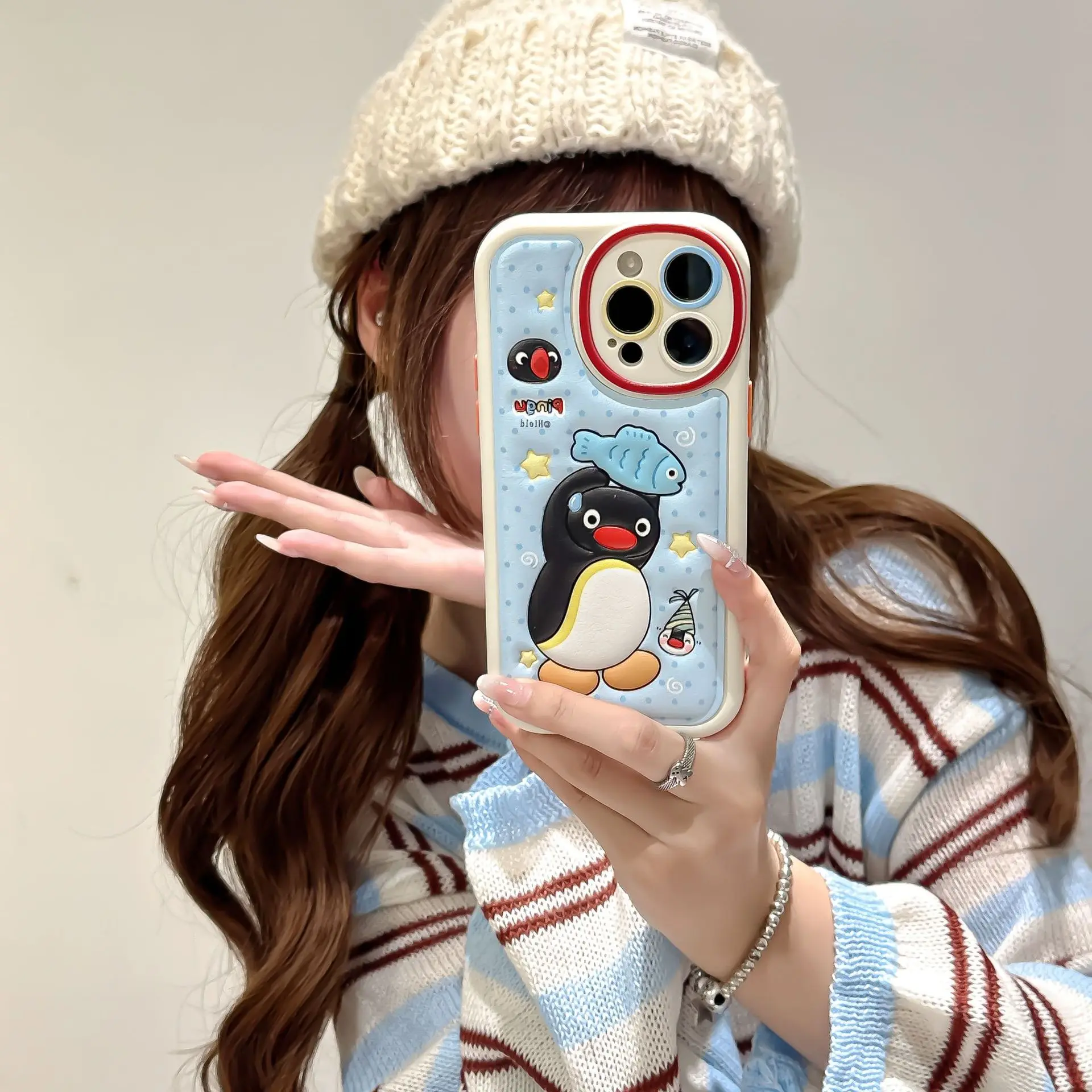 Cute Blue Fish Catching Penguin Bizarre Creative Skin Pattern Soft Shell Suitable for IPhone 16 Promax Pro15 Pro1413 Phone Case