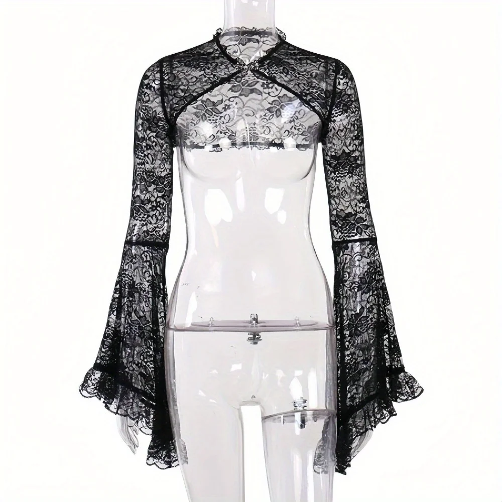 Blusa de mujer europea-americana: mangas acampanadas con recortes de encaje, diseño transparente abotonado para conjuntos elegantes diarios e informales