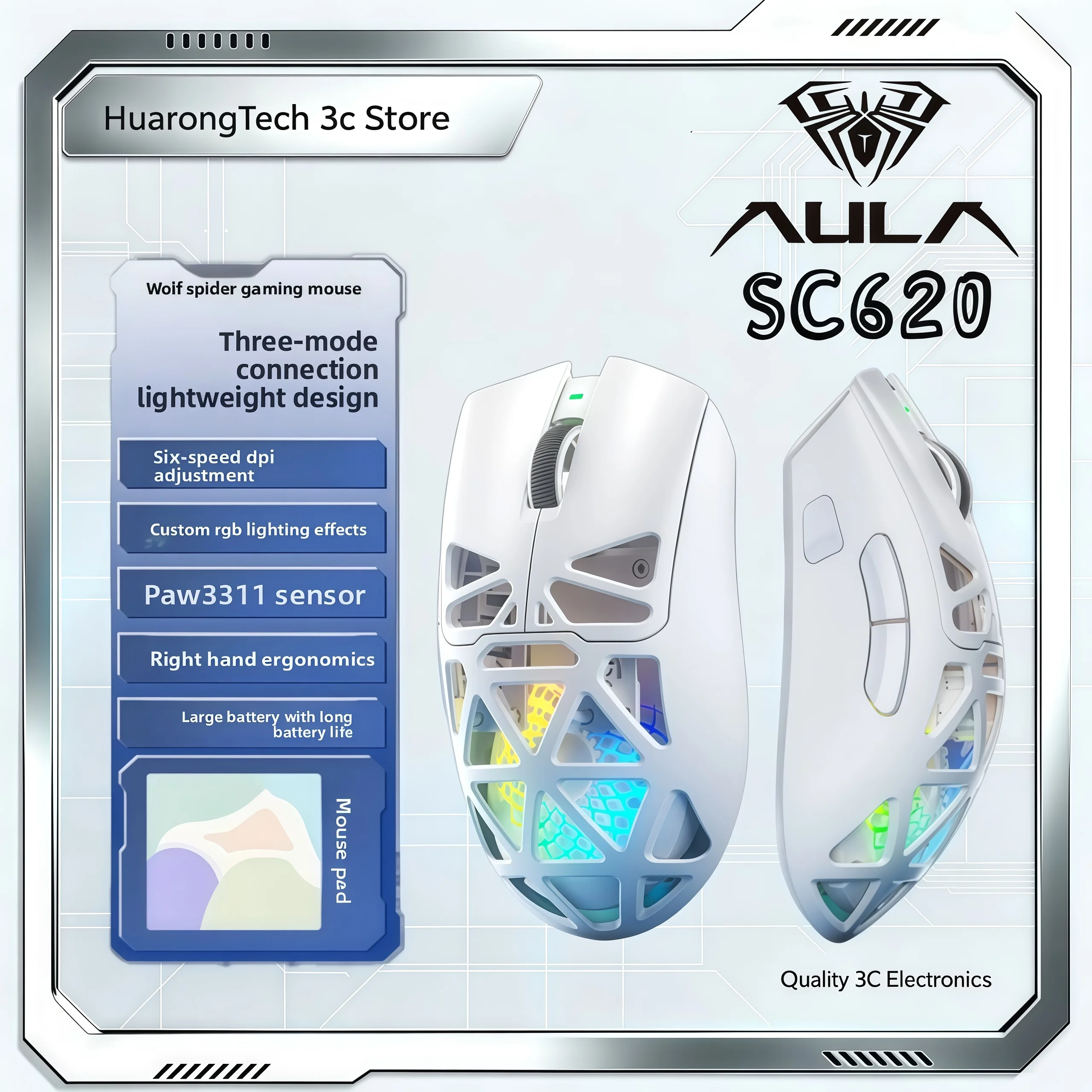 Aula SC620 Wireless Mouse Gaming Hollow-out PAW3311 Tri-mode Bluetooth Adjustable DPI Lightweight Mouse For Desktop Laptop Mice