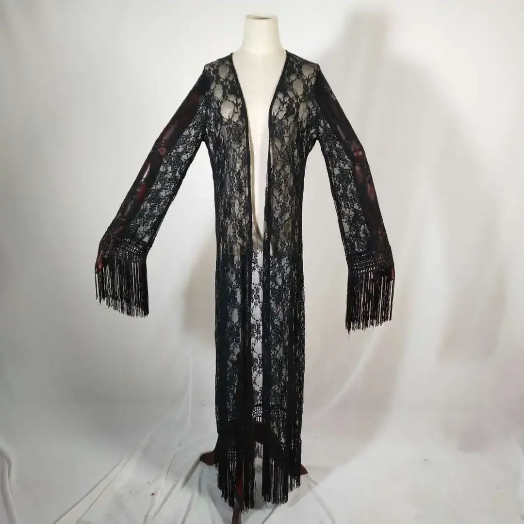 

lady maxi lace shirts tops summer beach tassels maxi kimonos women hollow out lace maxi black lace kimonos