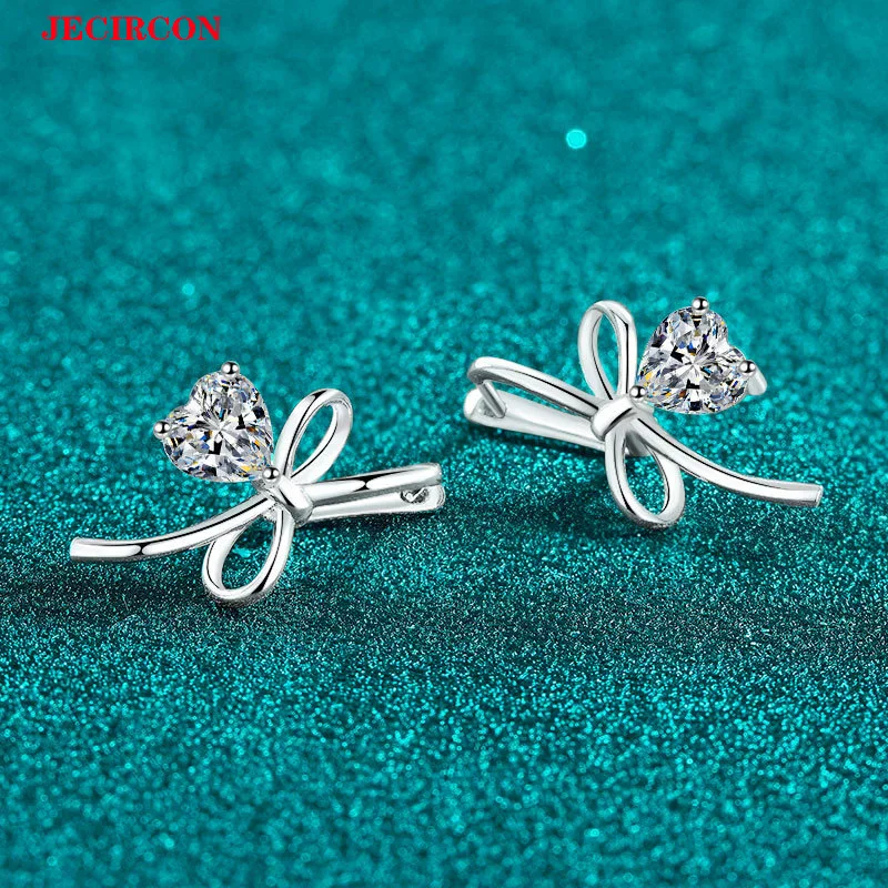 

JECIRCON 1 Carat Heart Shaped Moissanite Earrings S925 Sterling Silver Bow Knot Love Ear Clasps, Fresh & Sweet Jewelry for Girls