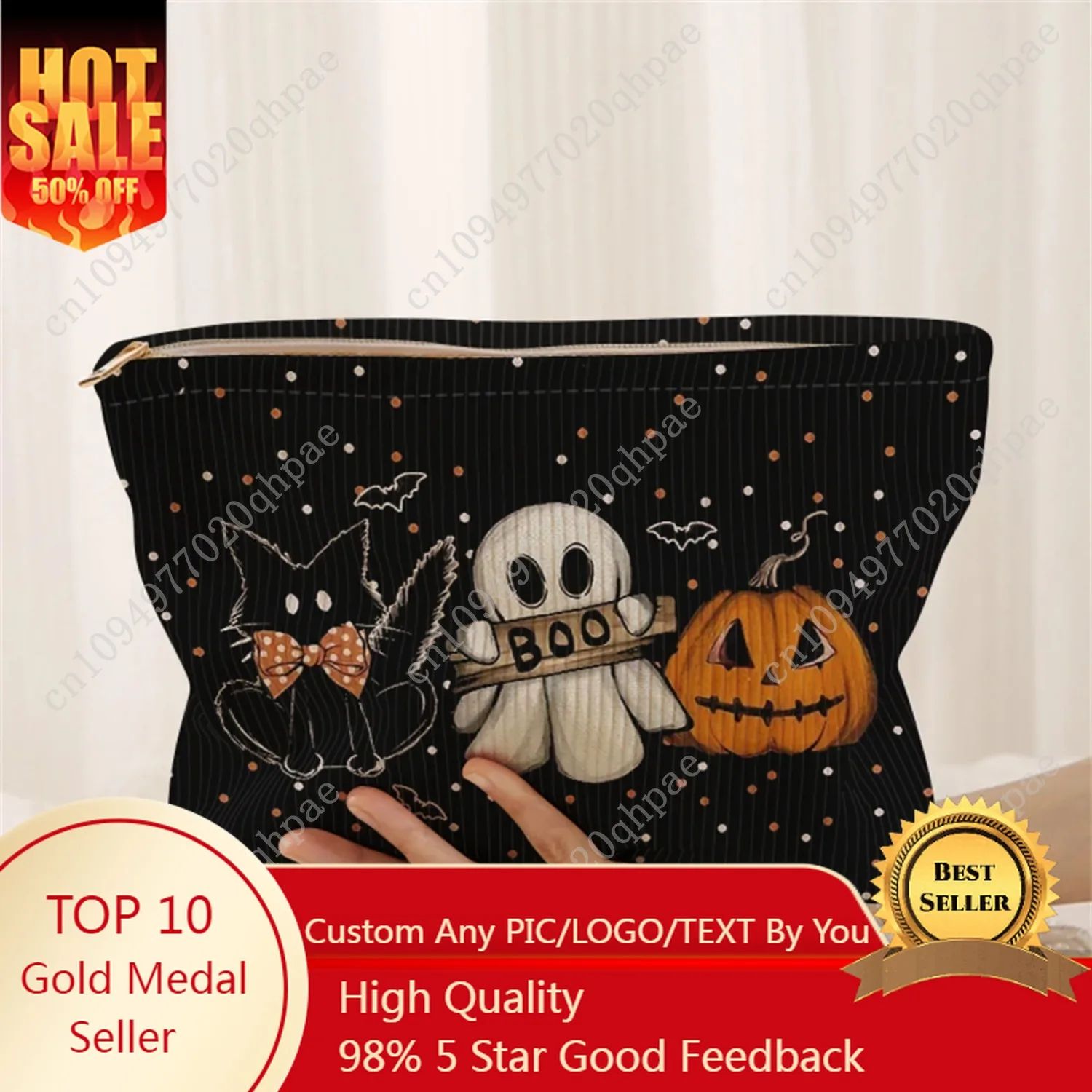 

1 pumpkin and ghost patterned corduroy makeup bag, lightweight zipper makeup storage box, multifunctional bag with lining