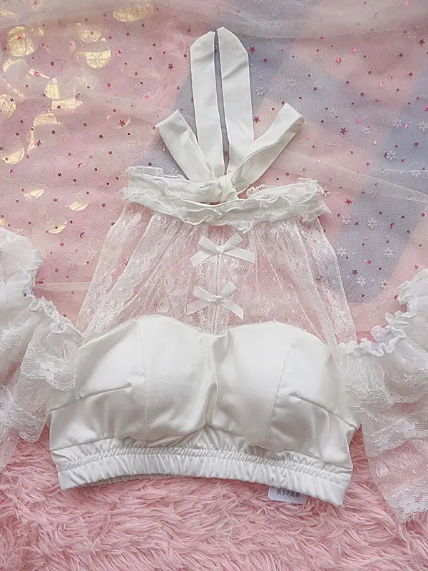 Hanging Neck Flying Sleeves Lolita Shirt High Waist Crop Chest Pad Tanks Top Elegant Hollow Out Lace Bow Short Sleeve Blouses